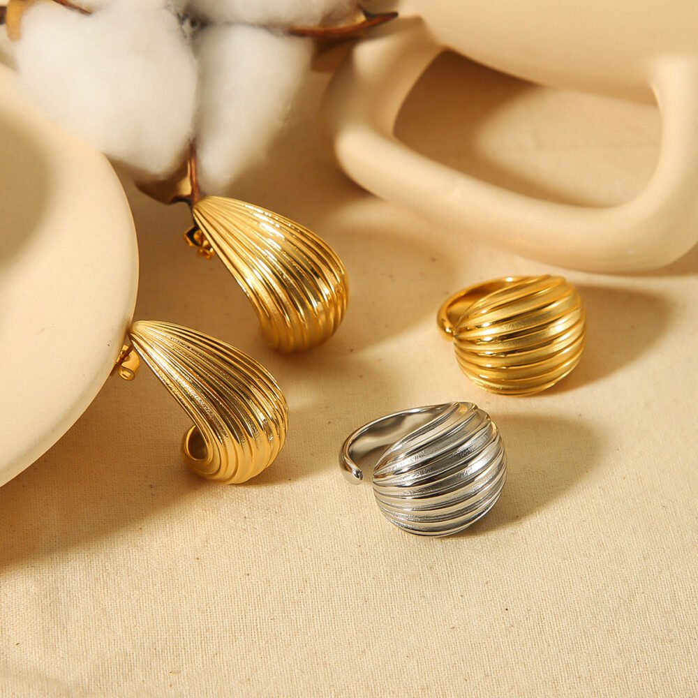 Striped Water Drop Stainless Steel Earrings - Image 2