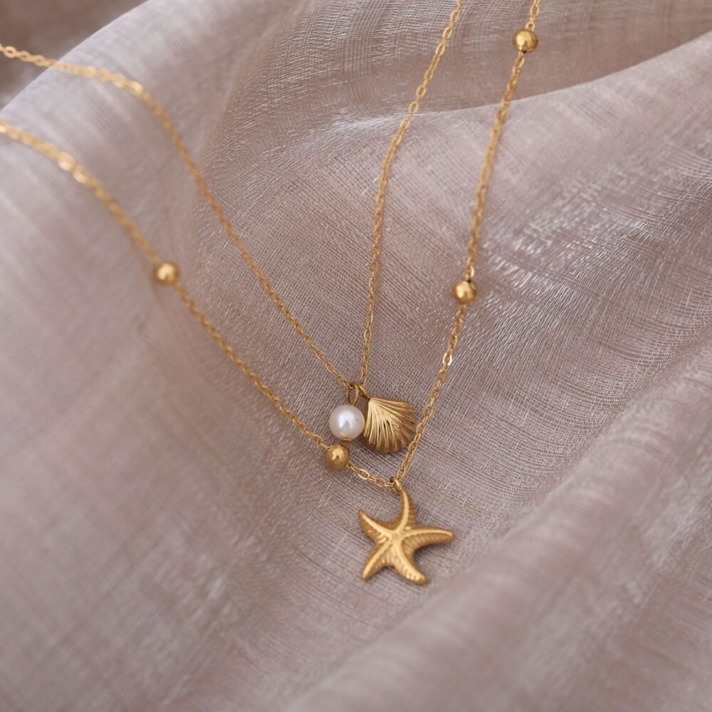 Double-Layer Starfish Shell Summer Vacation Chain Stacked Necklace - Image 3