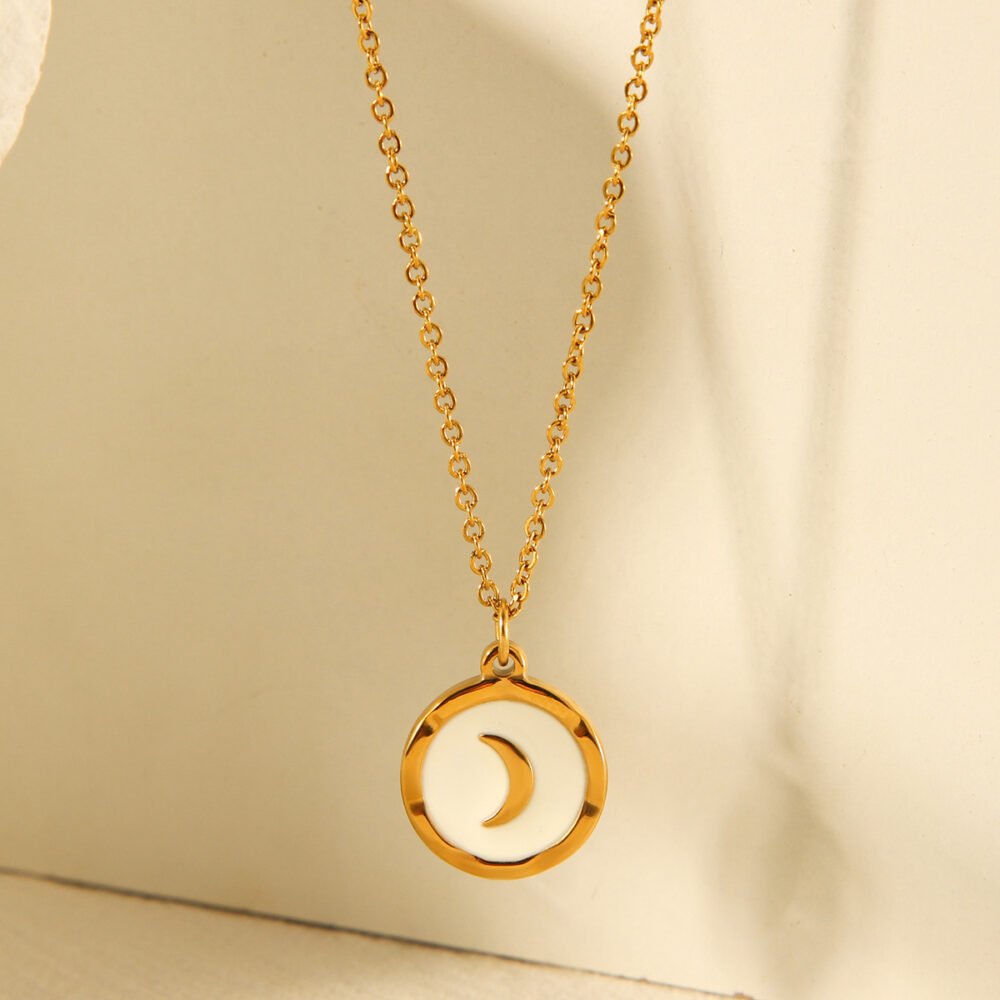 Round White Shell Moon Stainless Steel Necklace