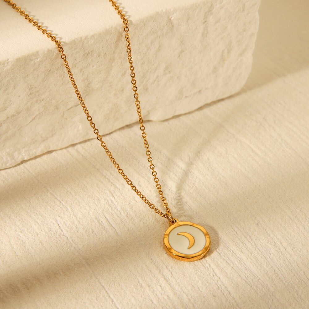 Round White Shell Moon Stainless Steel Necklace - Image 3