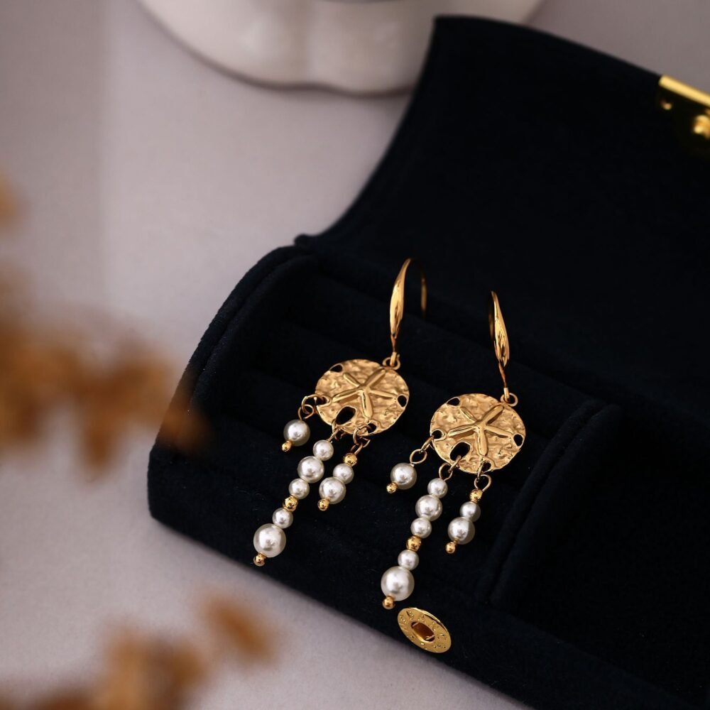 Ethnic Bohemian Dreamcatcher Starfish Ocean Ear Hook Gold Pearl Earrings - Image 4