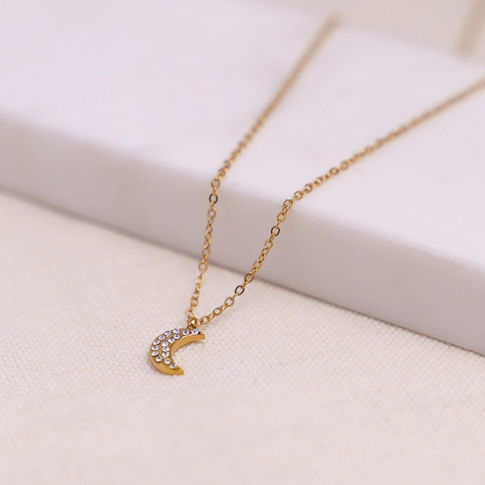 Korean Version Of Diamond Studded Moon Pendant Necklace