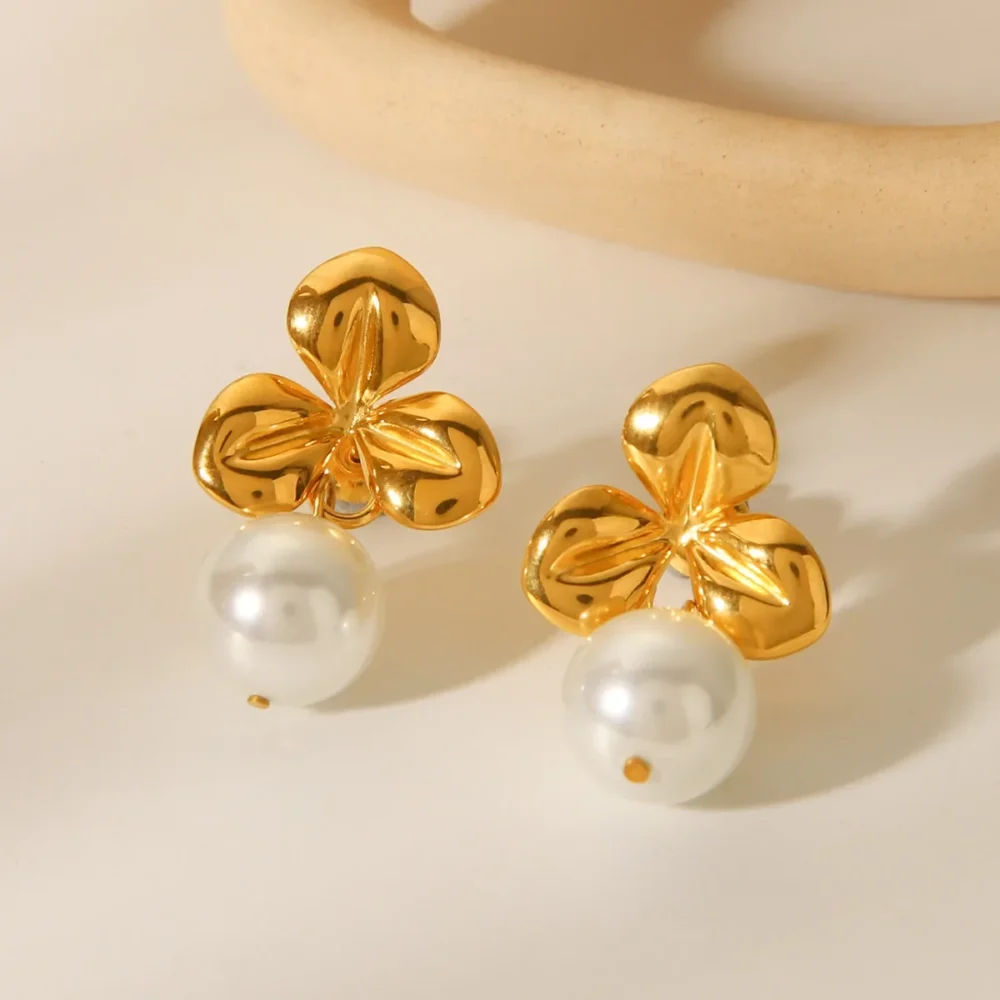 Stainless Steel Flower Pearl Earrings