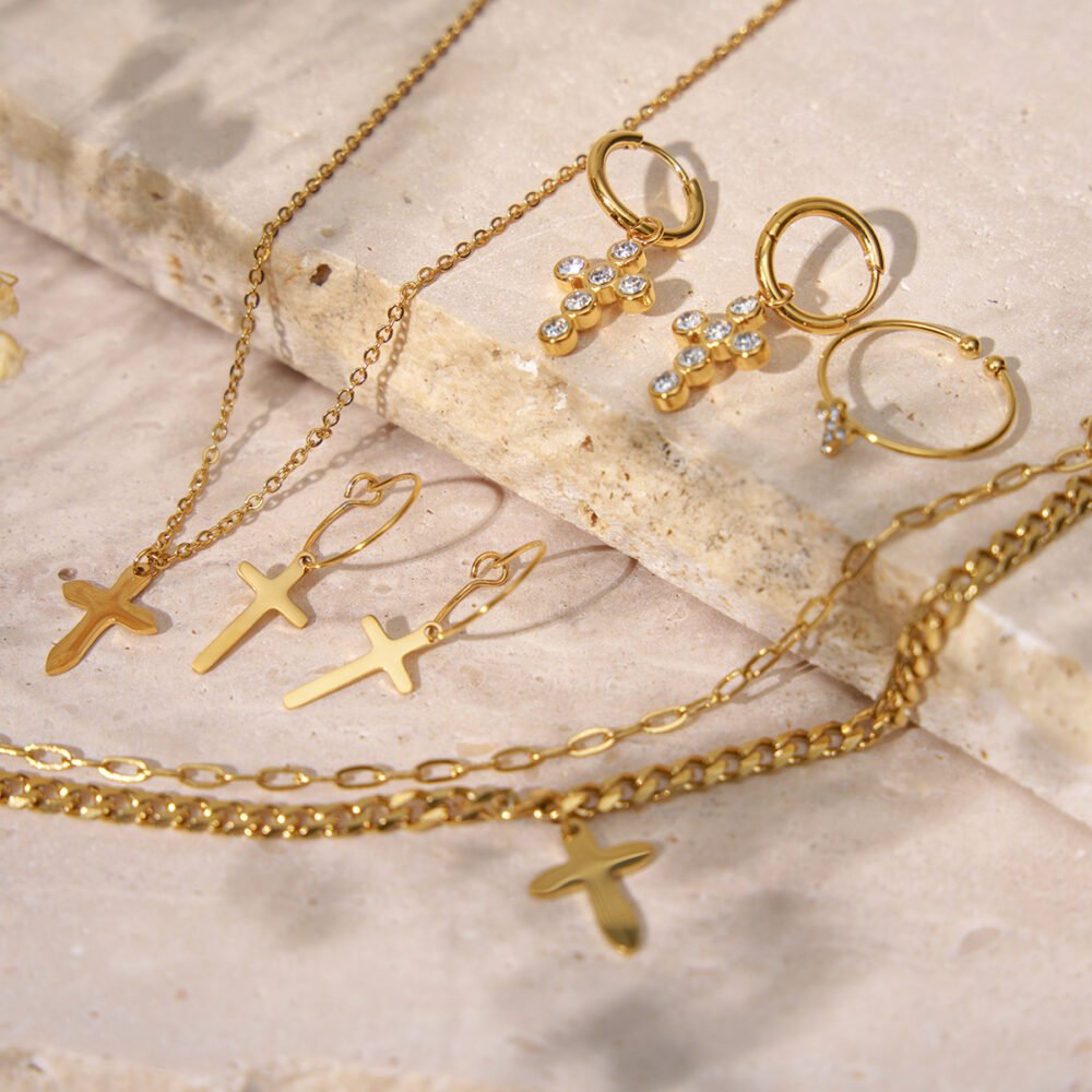 Cross Pendant Round Zircon Earring Necklace Set - Image 4