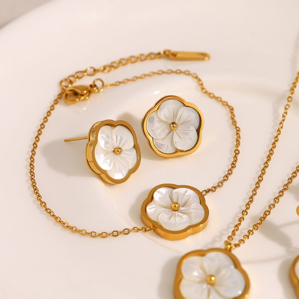 Natural Mother-Of-Pearl Flower Bracelet Ring Necklace - Image 3