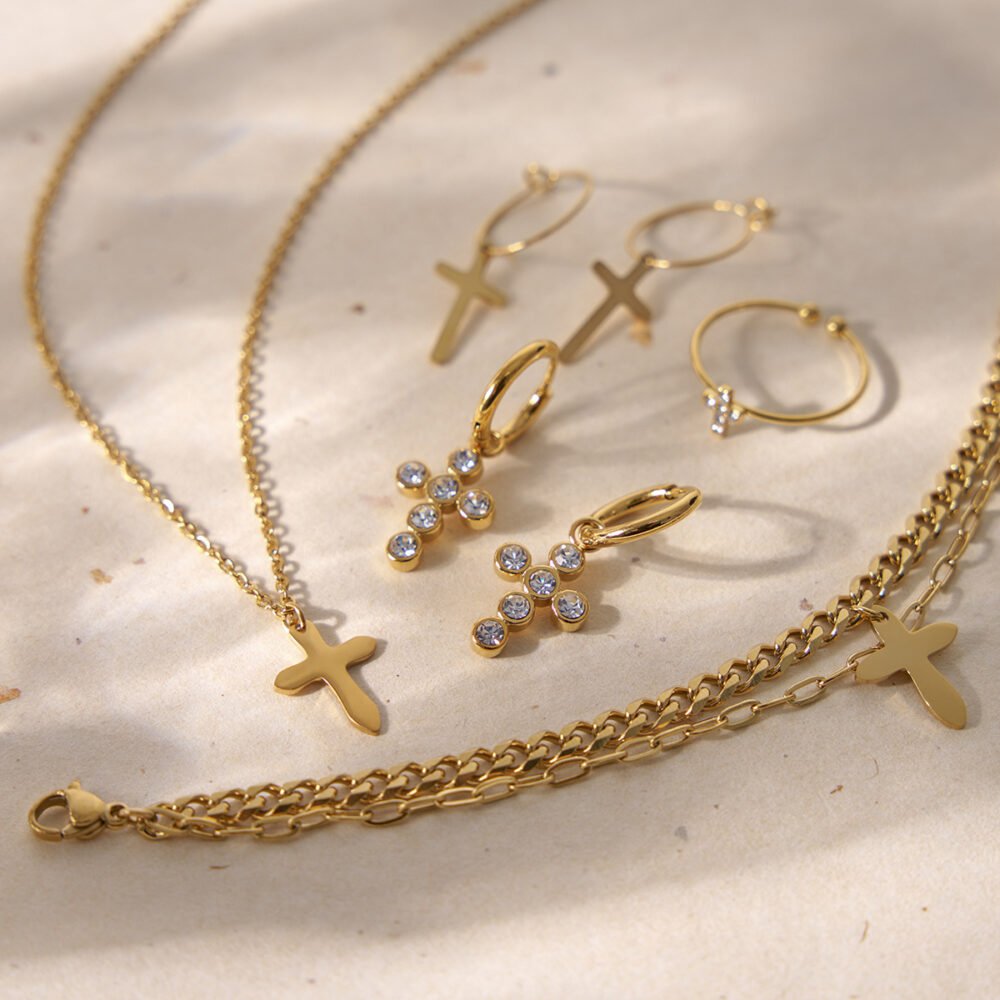 Cross Pendant Round Zircon Earring Necklace Set