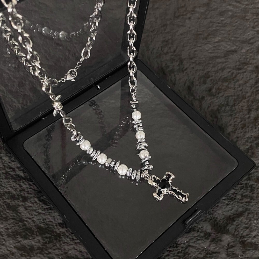 Pearl Shaped Stone Heart Cross Necklace