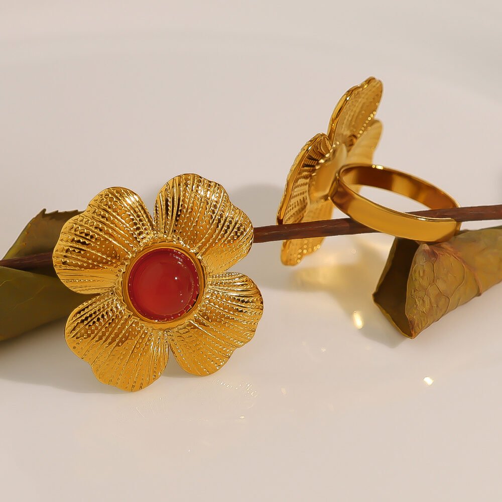 Flower Natural Stone 18K Gold Petal Ring - Image 3