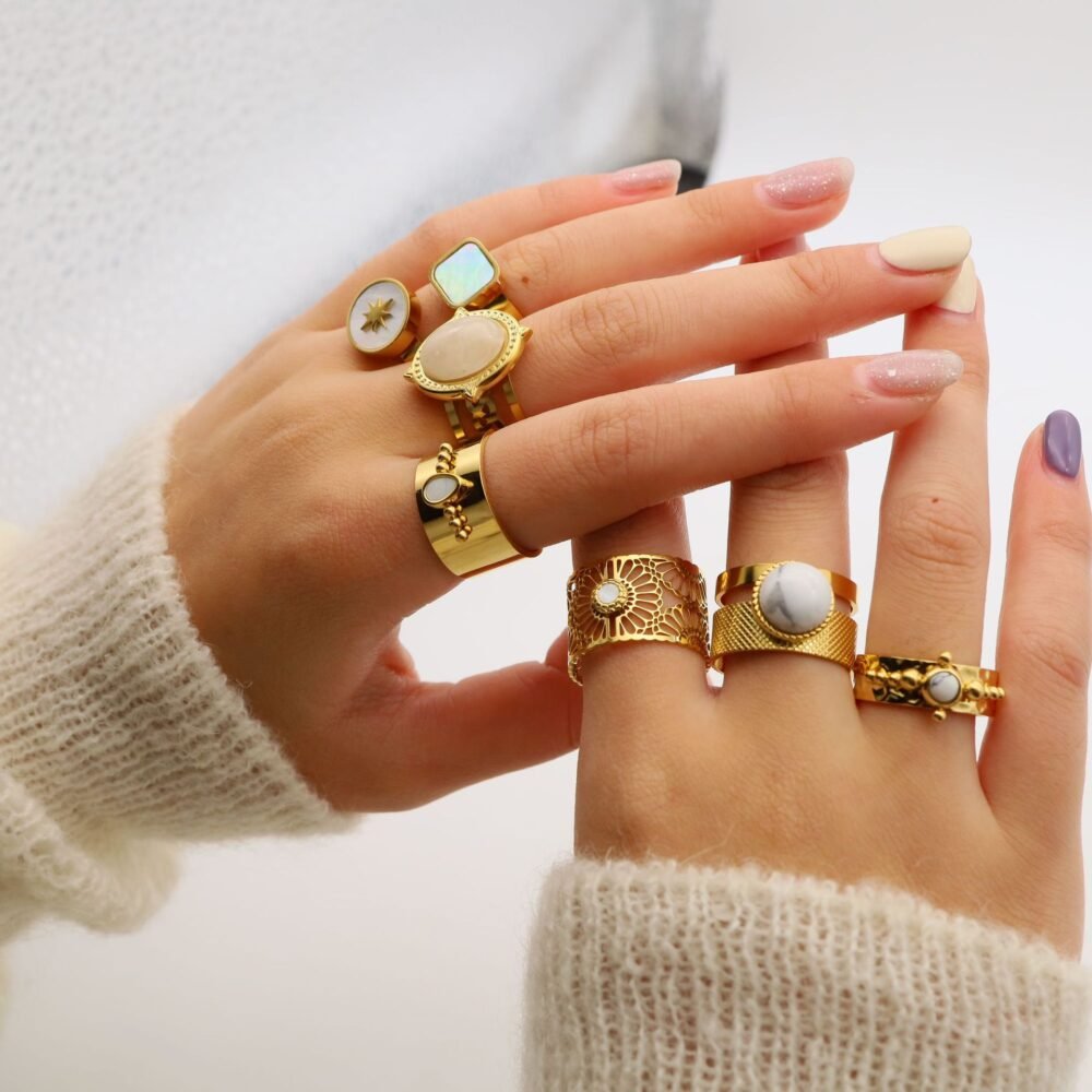 Natural Stone Shell Star Adjustable Ring