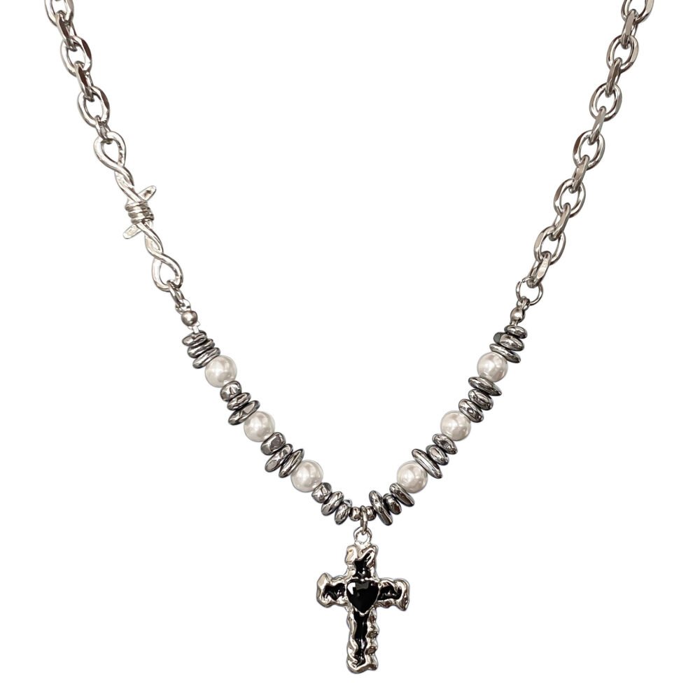 Pearl Shaped Stone Heart Cross Necklace - Image 5