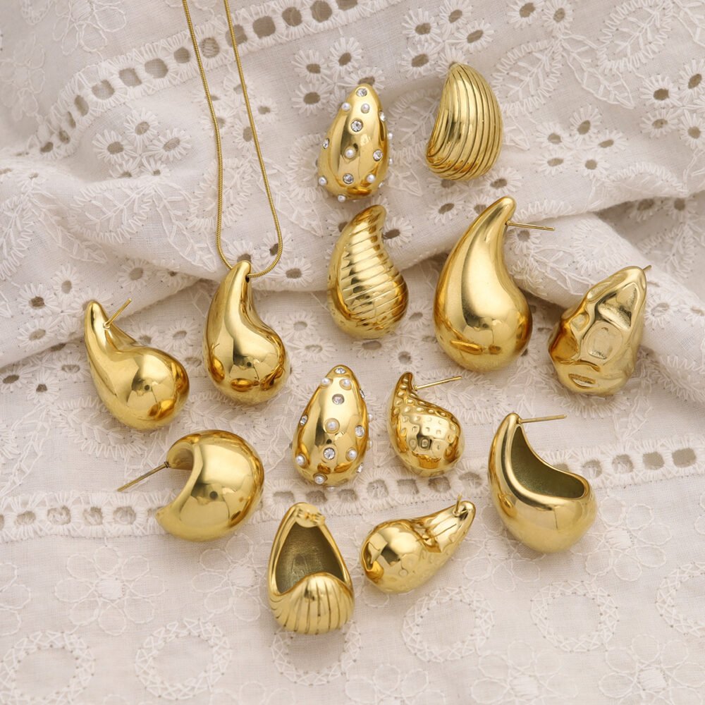 18K Gold Water Drop Earrings Chubby Earrings - Image 4