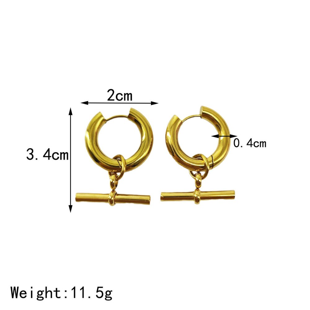 Geometric T-bar pendant hoop circle detachable gold earrings - Image 4