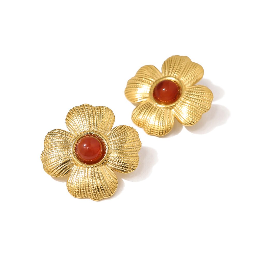 Embossed Petal Natural Stone Flower Earring Ring - Image 5