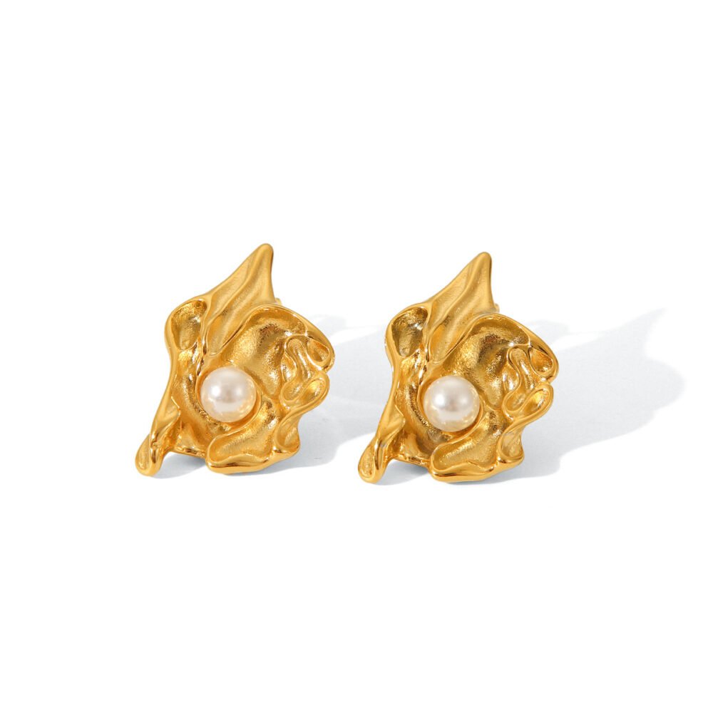 Stainless Steel Wrinkled Lava Flower Pearl Earrings - Image 5