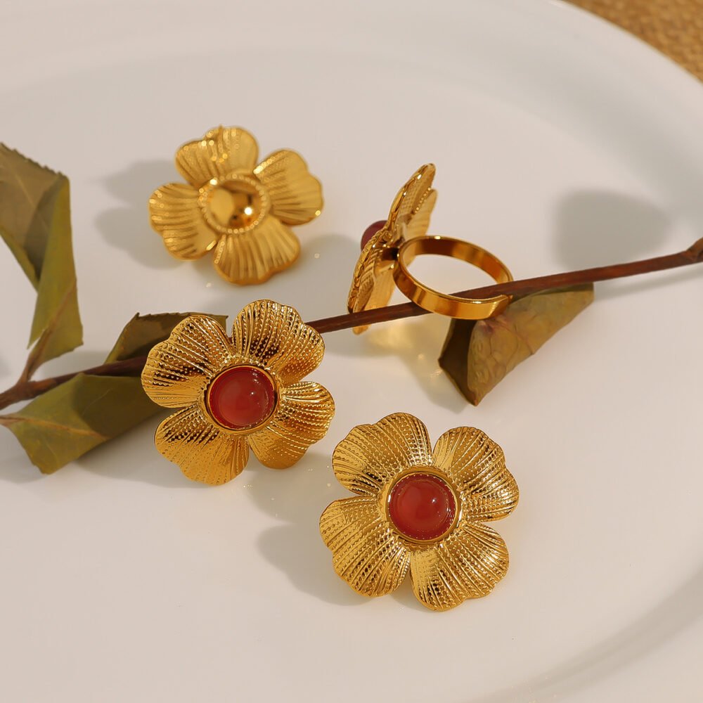 Embossed Petal Natural Stone Flower Earring Ring