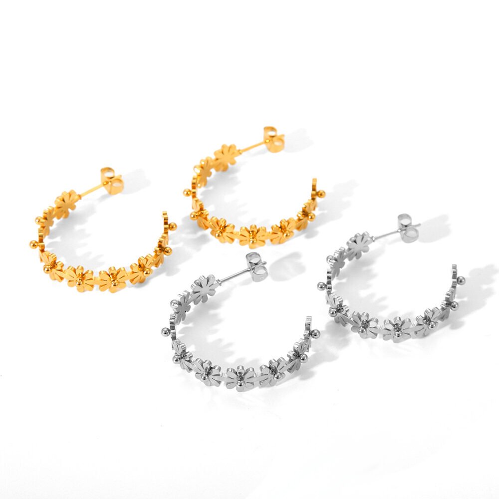 C Shaped Flower Daisy Stainless Steel Earrings - Image 5