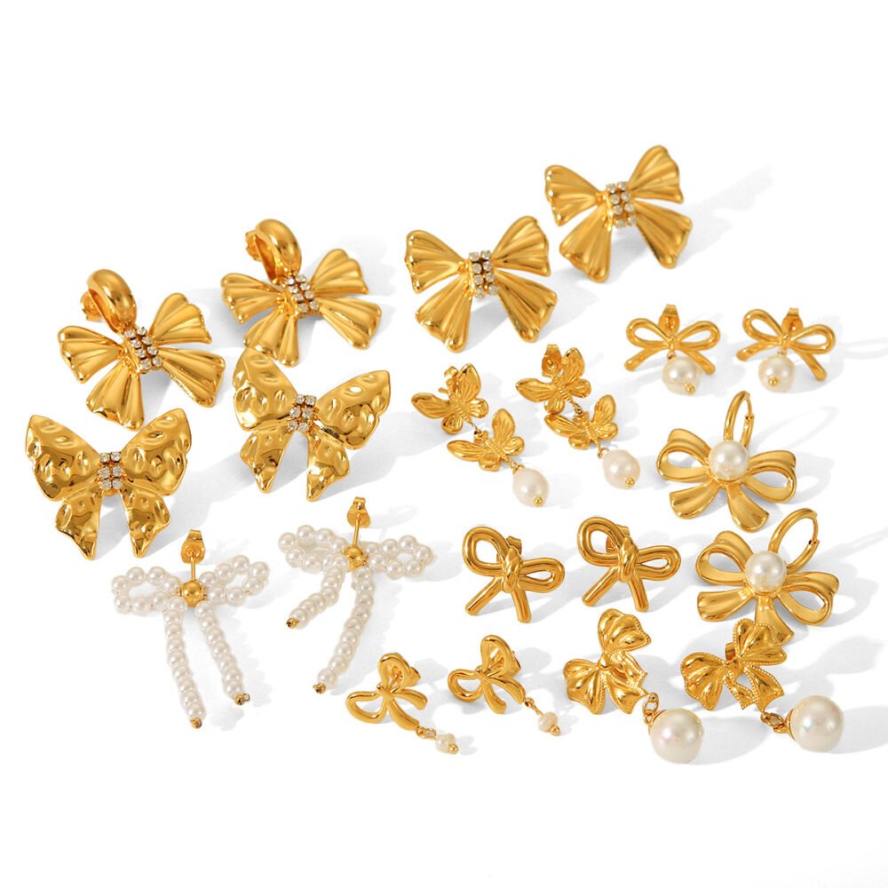 Bowknot Stainless Steel Butterfly Pearl Earrings - Image 5