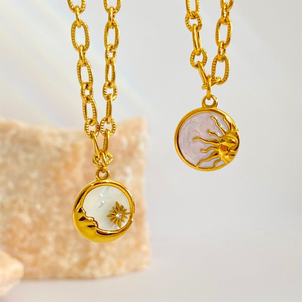 Three-Dimensional Sun And Moon Round Coin Necklace Mother Shell Pendant Ornament - Image 2