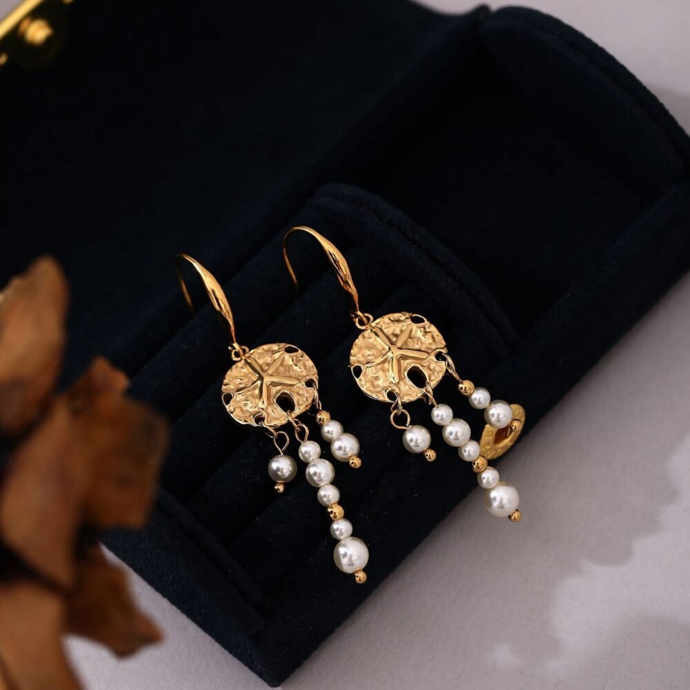 Ethnic Bohemian Dreamcatcher Starfish Ocean Ear Hook Gold Pearl Earrings - Image 2