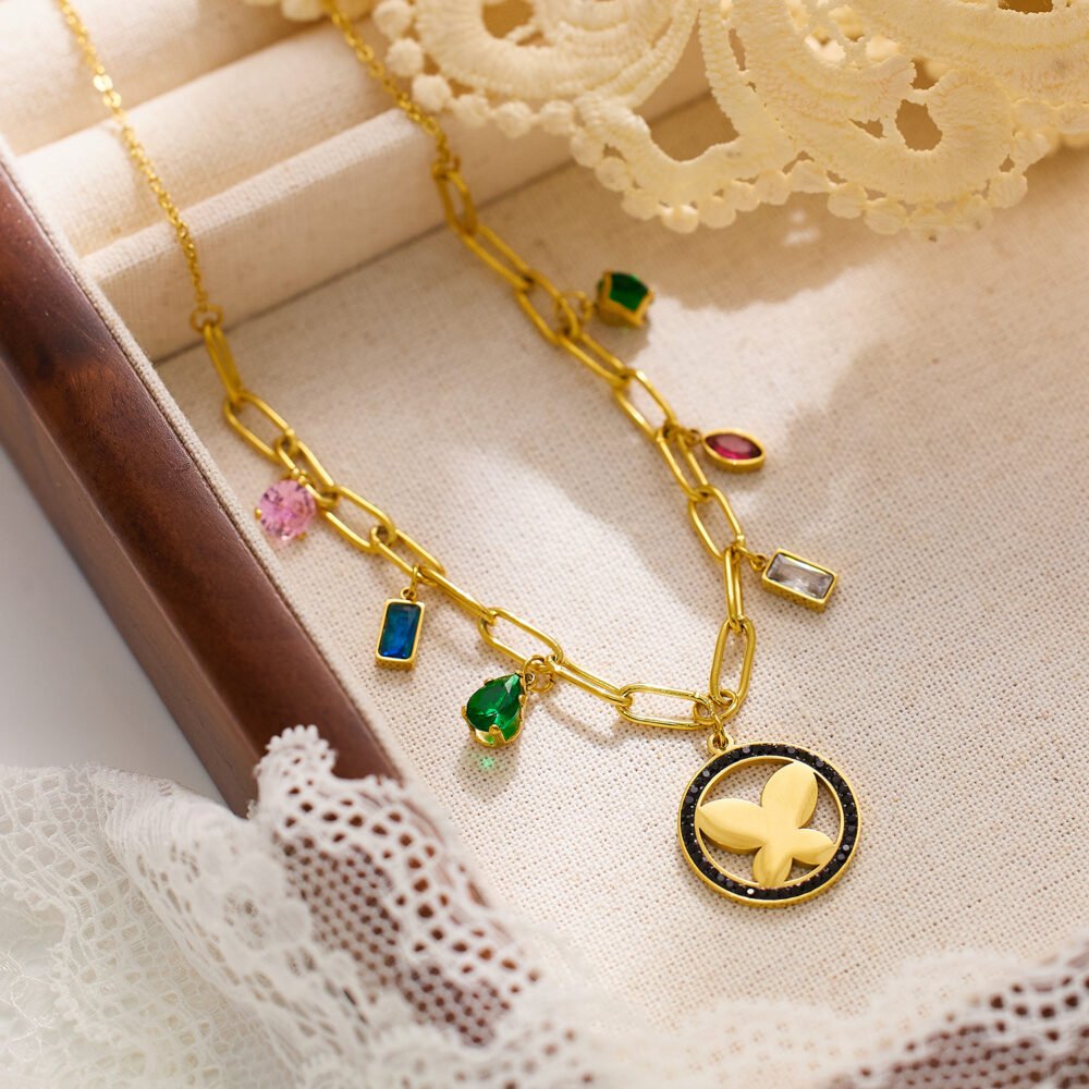 Butterfly Colored Zircon Stainless Steel Necklaces