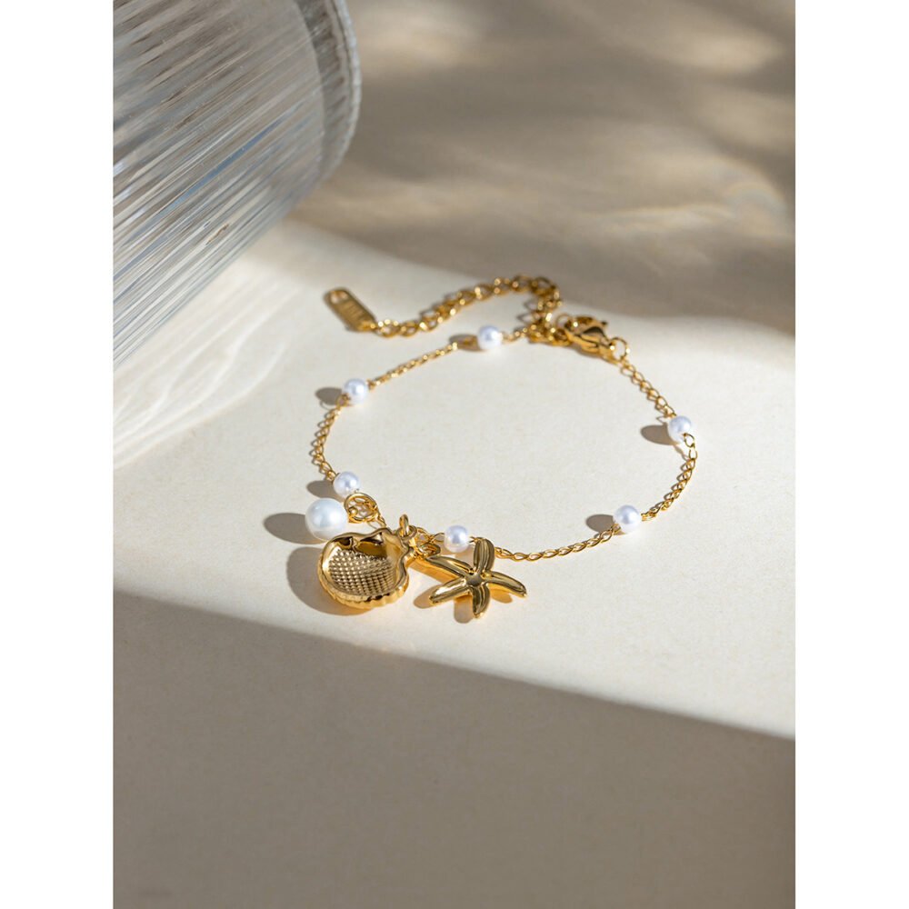 Summer Pearl Chain Shell Starfish Pendant Bracelet - Image 3