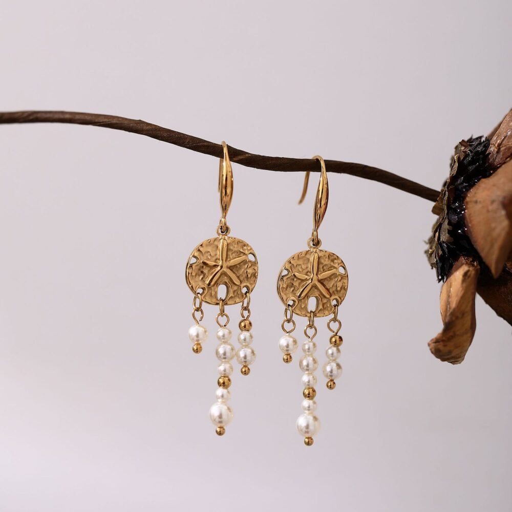 Ethnic Bohemian Dreamcatcher Starfish Ocean Ear Hook Gold Pearl Earrings