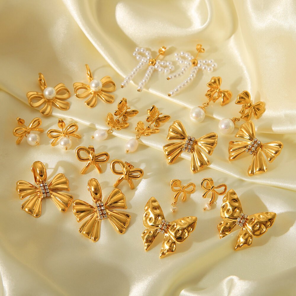 Bowknot Stainless Steel Butterfly Pearl Earrings - Image 2