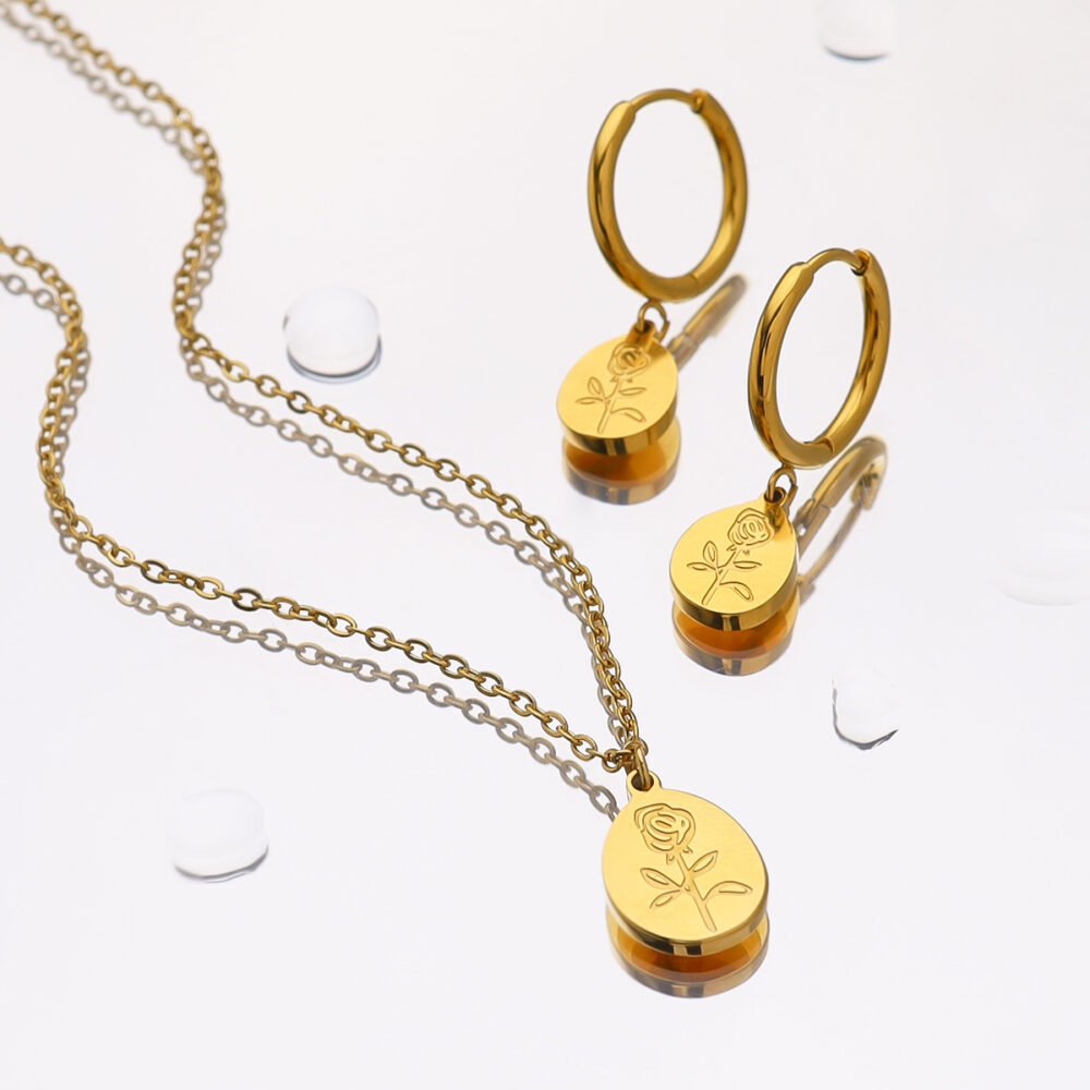 Flower Rose Pendant Necklace Jewelry Set