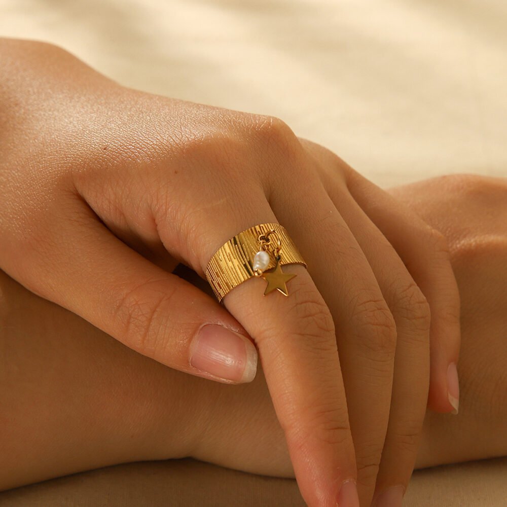 Stainless Steel Open Freshwater Pearl Star Ring - Image 2
