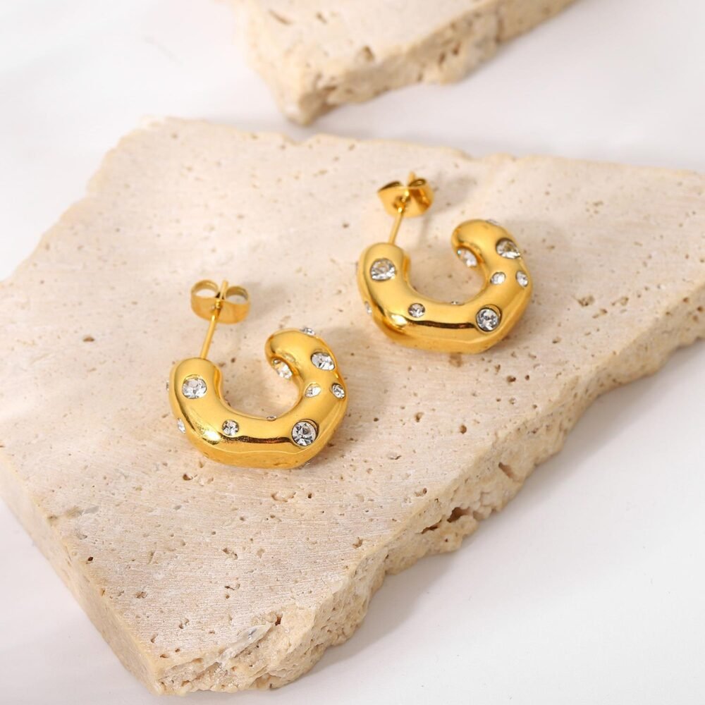 Special hammer pattern inlaid zircon C-shaped earrings 18K earrings - Image 4