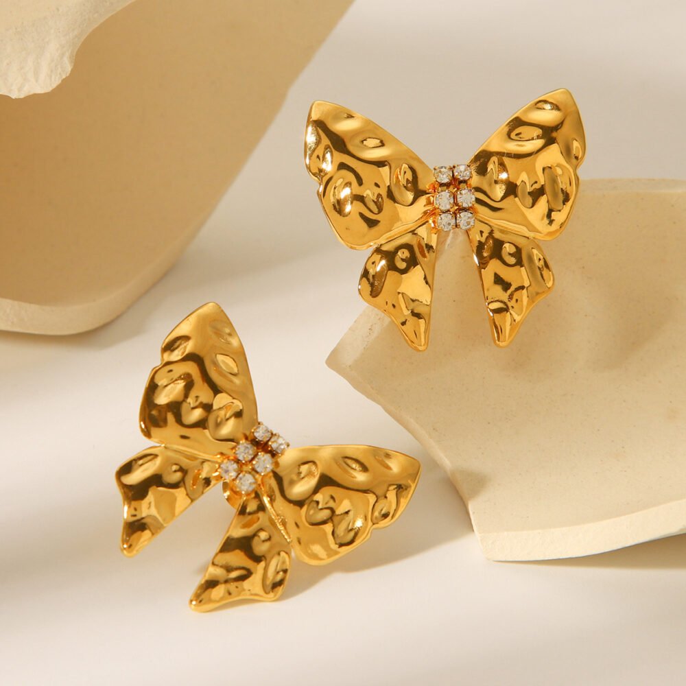 Stainless Steel Hammer Pattern Butterfly Earrings - Image 2