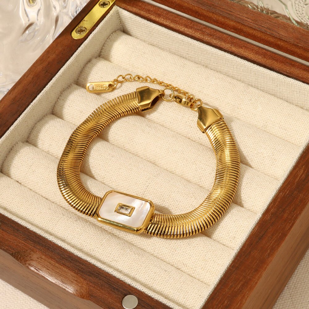 Shell Diamond Natural Stone Snake Bone Chain Bangle - Image 2