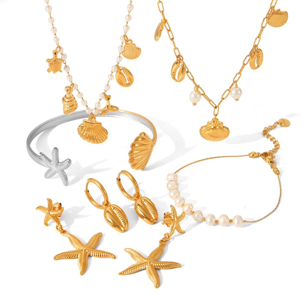 Ocean Stainless Steel Starfish Pearl Scallop Jewelry Set - Image 5
