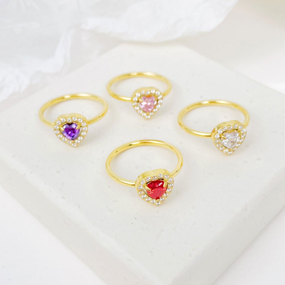 Heart-Shaped Color Zircon Stainless Steel Love Ring - Image 3
