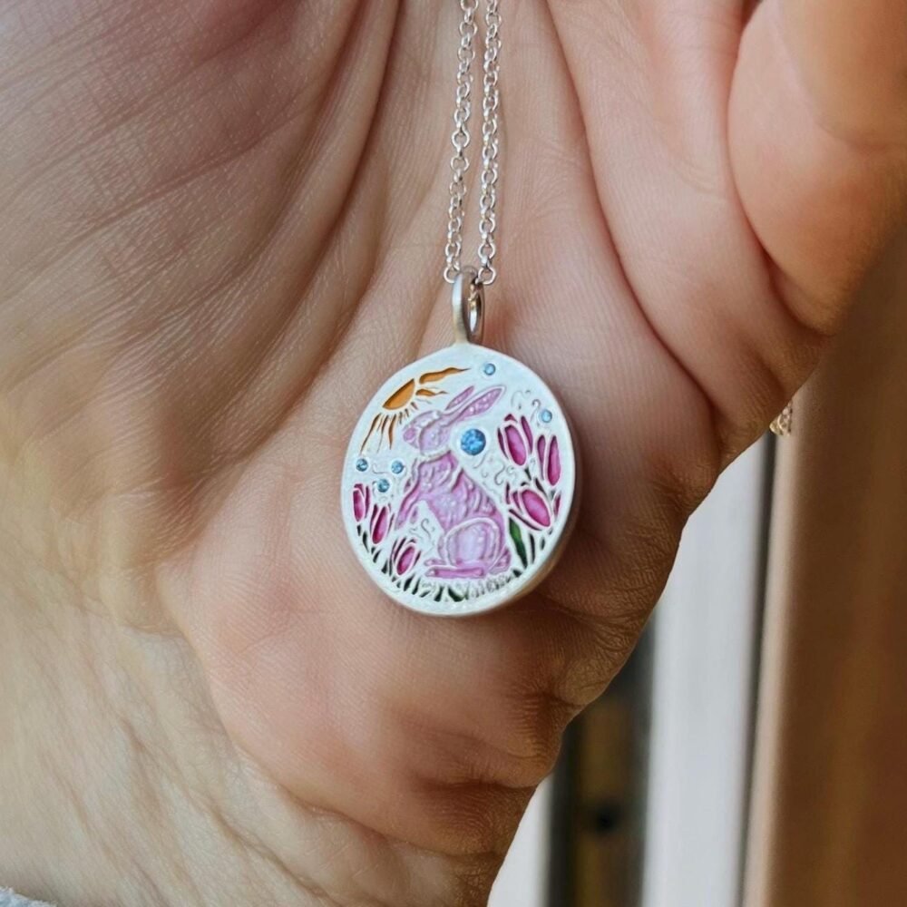 Painted Oil Dripping Rabbit Bow Oval Tarot Card Necklace