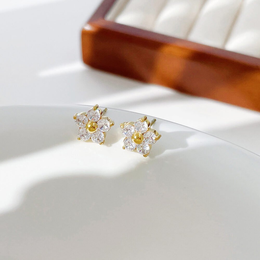 Flower With Diamond Petals Earrings - Image 3