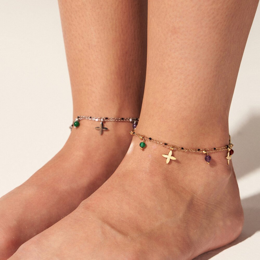 Double-Layer Cross Natural Stone Tassel Anklet - Image 2