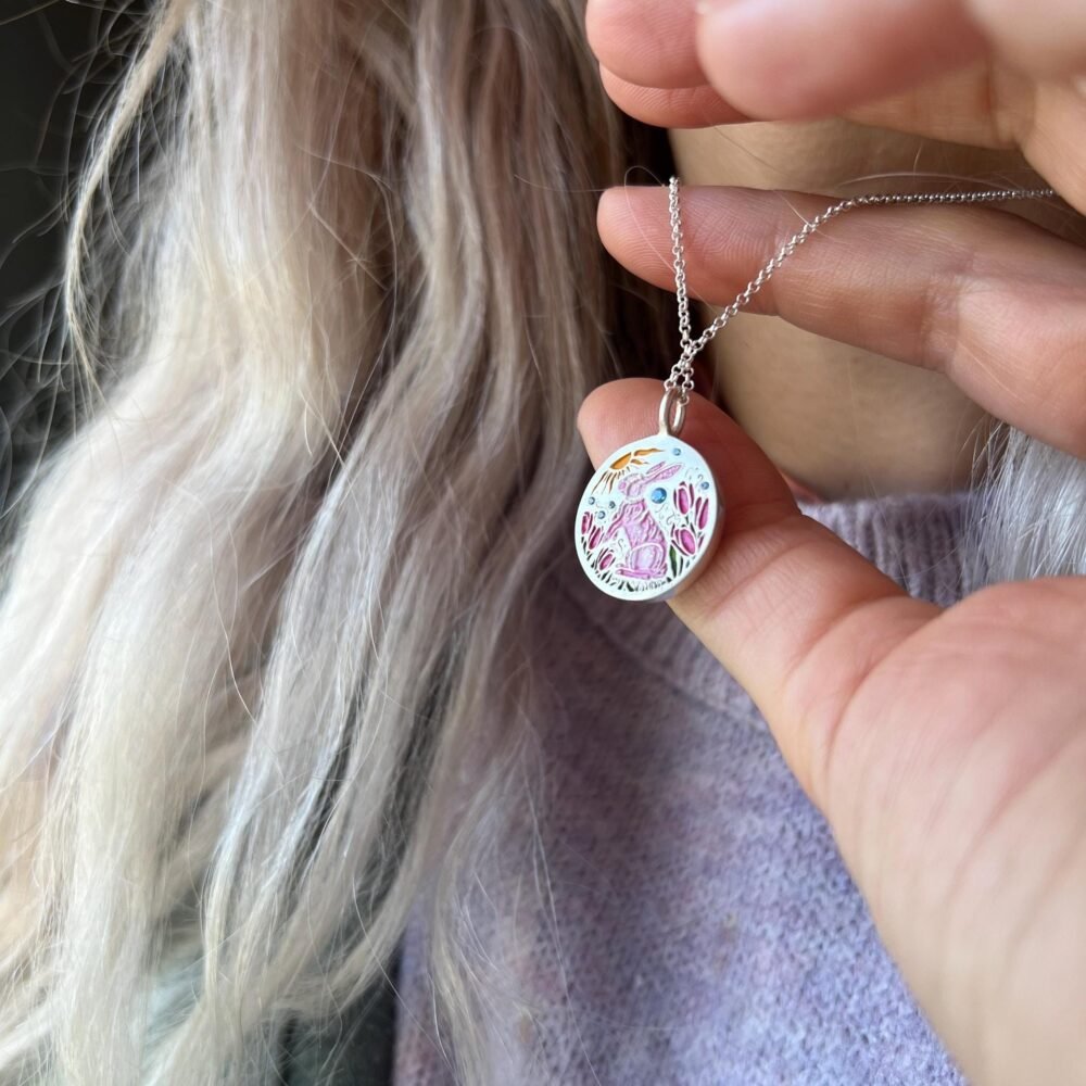 Painted Oil Dripping Rabbit Bow Oval Tarot Card Necklace - Image 2