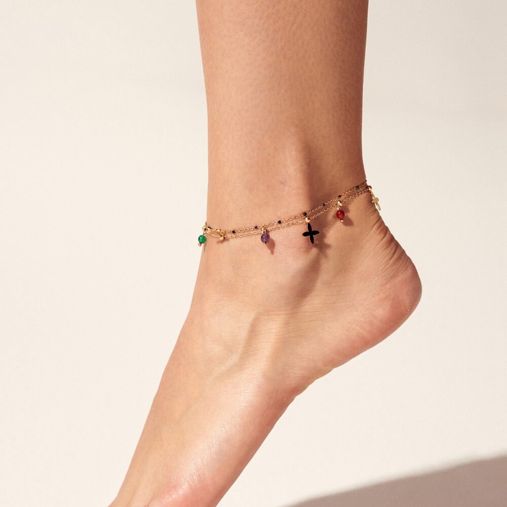 Double-Layer Cross Natural Stone Tassel Anklet - Image 4