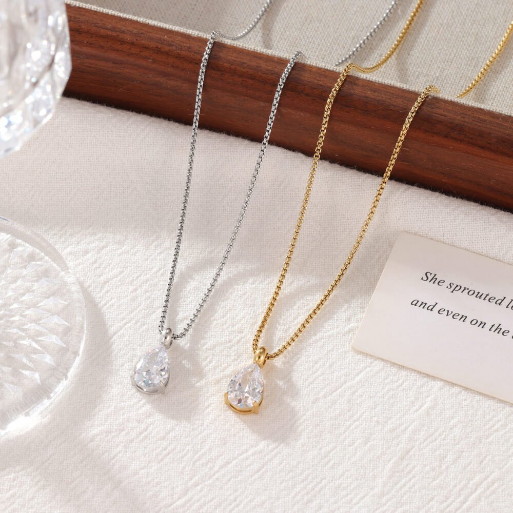 Stainless Steel With Zircon Water Drop Heart Necklace