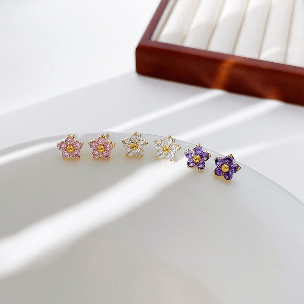 Flower With Diamond Petals Earrings - Image 2