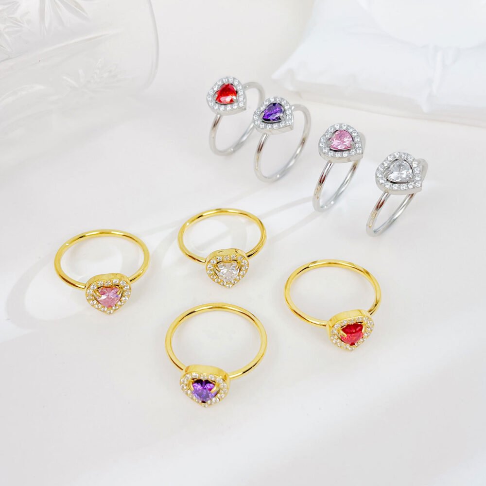Heart-Shaped Color Zircon Stainless Steel Love Ring