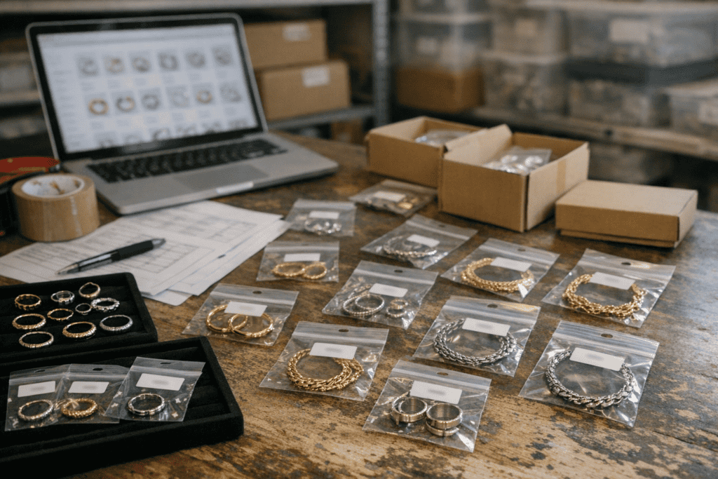 Stainless steel jewelry samples and packaging on a work table.